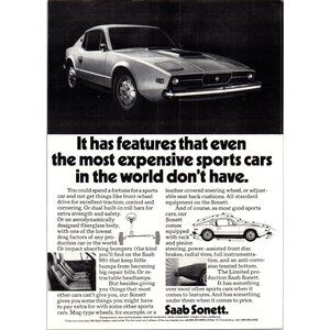 1973 Saab Sonett Sports Car Vintage Print Ad Front Showroom View 70s Wall Art